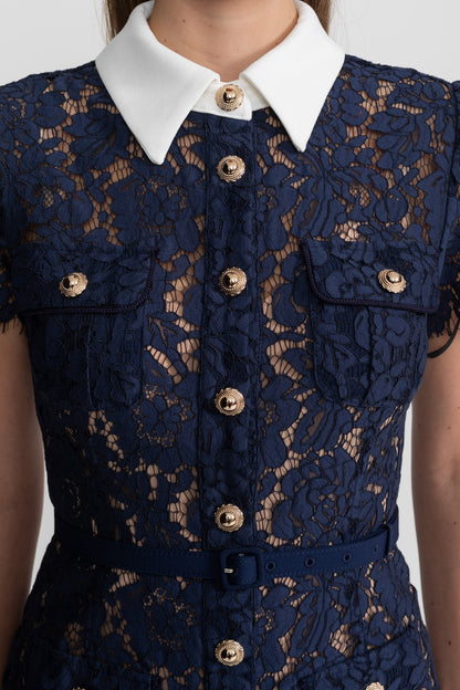 Darivène — Floral Lace Belted Midi Dress in Navy