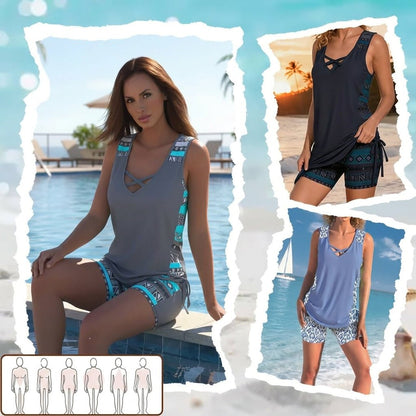 Solvana — Geometric-Print Tankini with Shorts