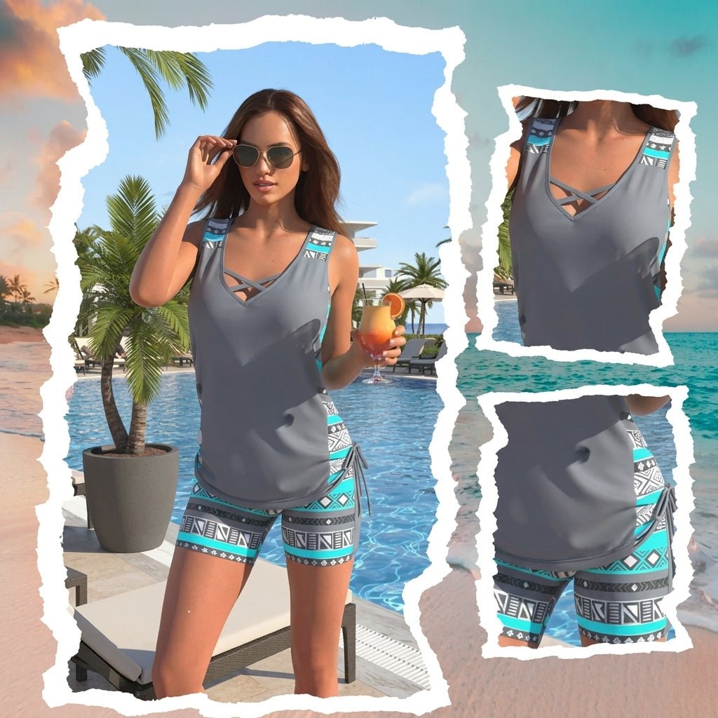 Solvana — Geometric-Print Tankini with Shorts