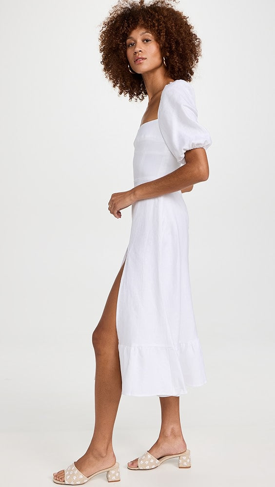 Linnae — Puff Sleeve Linen Midi Slit Dress