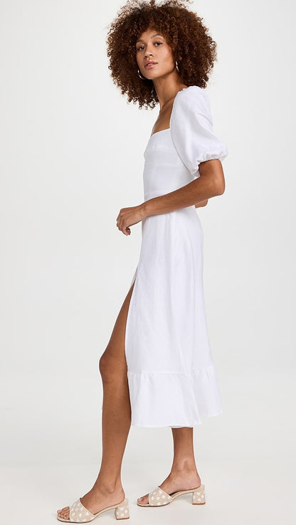 Linnae — Puff Sleeve Linen Midi Slit Dress