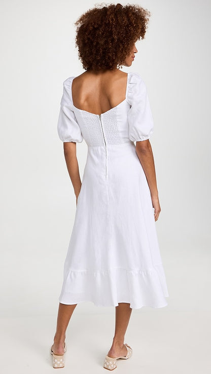 Linnae — Puff Sleeve Linen Midi Slit Dress