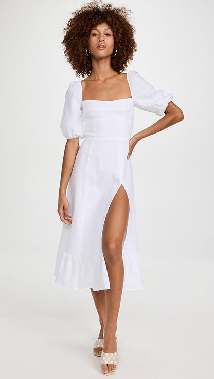 Linnae — Puff Sleeve Linen Midi Slit Dress