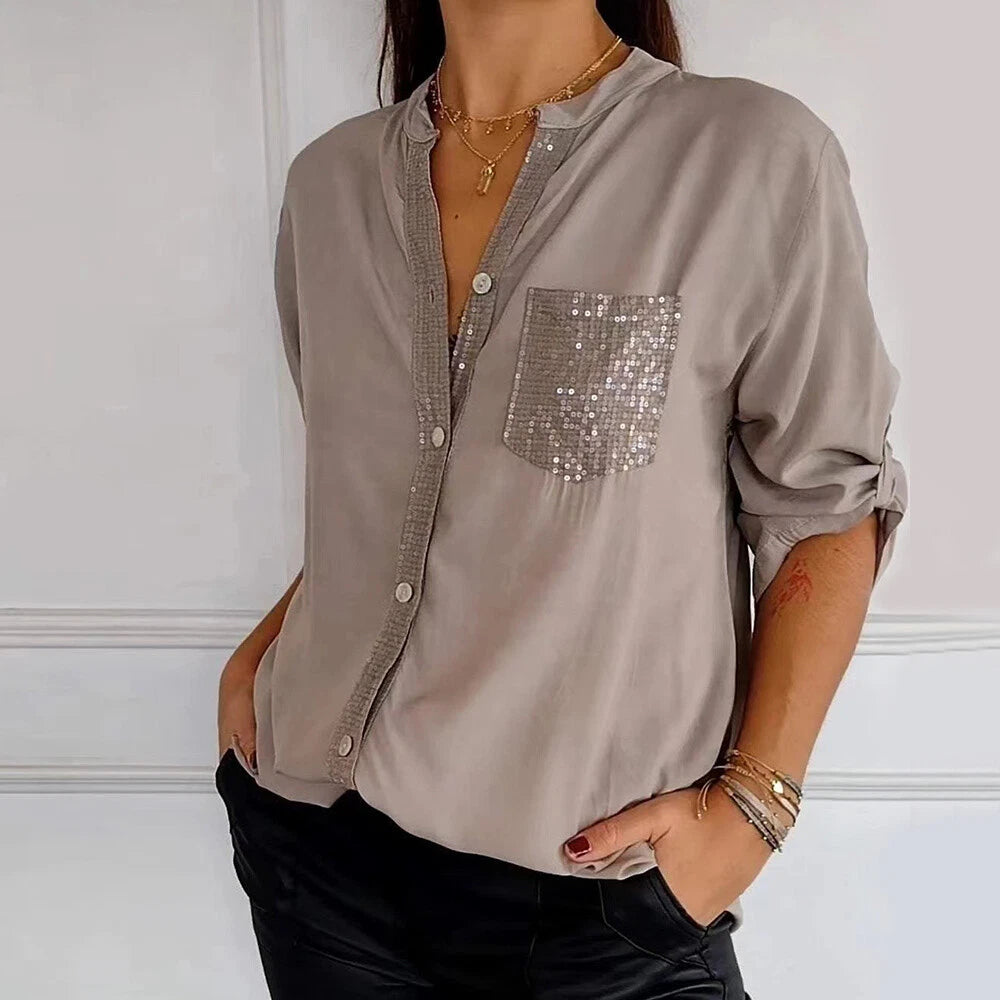 Mironé — Sequin Patchwork Button-Down Top