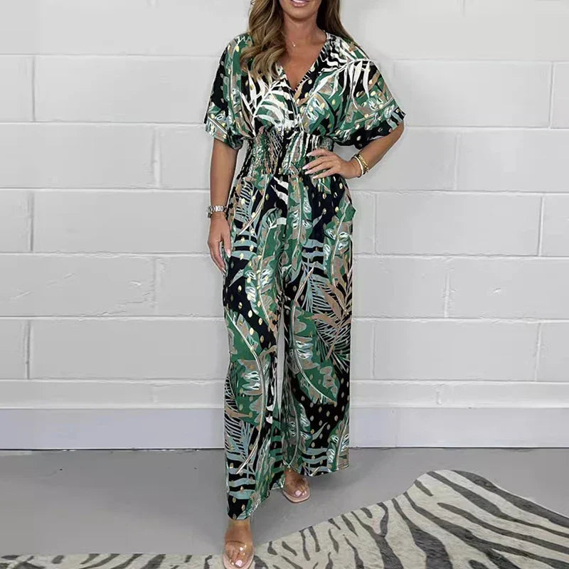 Foliene — Leaf Print Bodysuit with Elastic Waist