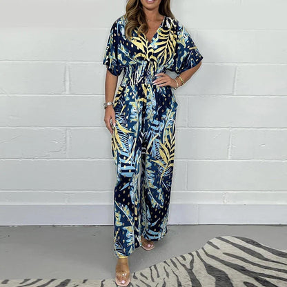 Foliene — Leaf Print Bodysuit with Elastic Waist