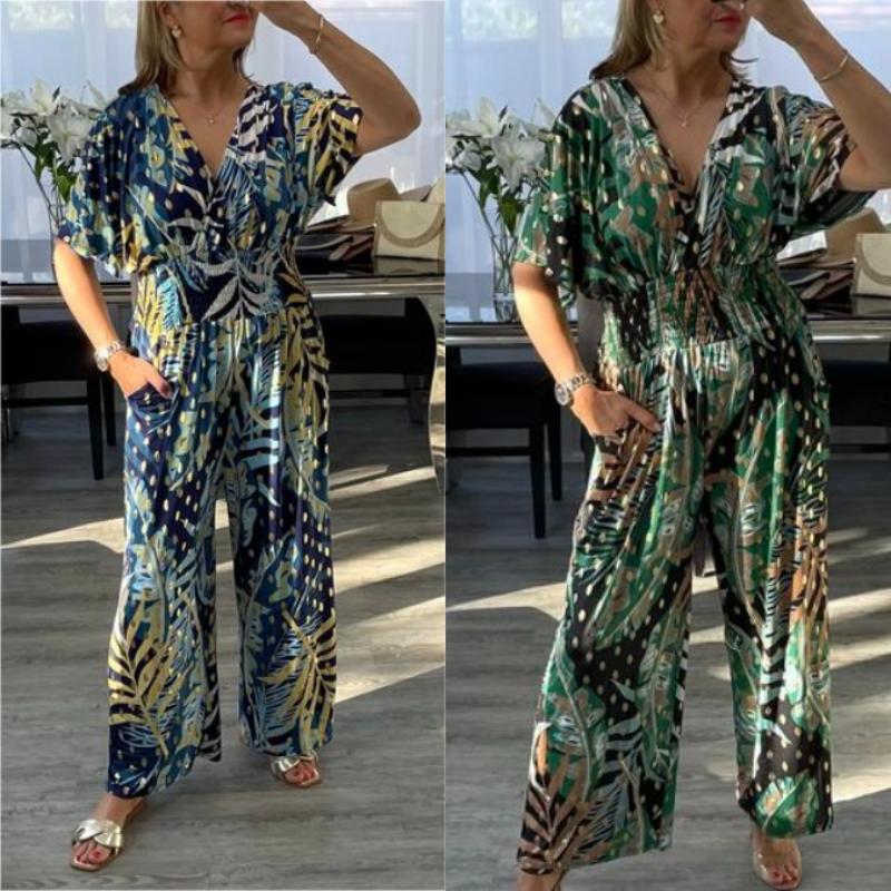 Foliene — Leaf Print Bodysuit with Elastic Waist