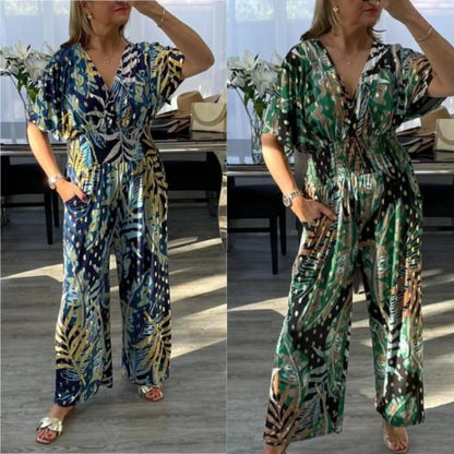 Foliene — Leaf Print Bodysuit with Elastic Waist