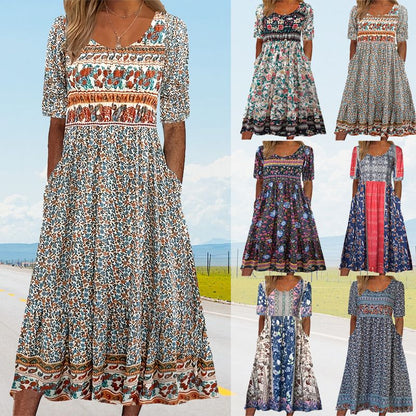 Bohème — Printed Cotton Short-Sleeve Midi Dress