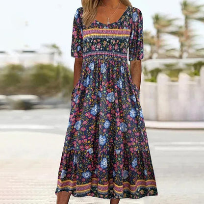 Bohème — Printed Cotton Short-Sleeve Midi Dress