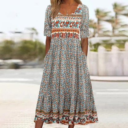 Bohème — Printed Cotton Short-Sleeve Midi Dress