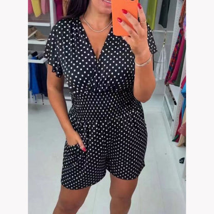 Valoura — Polka Dot V-Neck Cotton Stretch Jumpsuit
