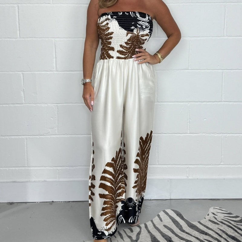 Palmèra — Satin Palm Print Strapless Jumpsuit