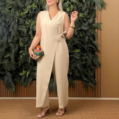 Veyne — Tie-Waist V-Neck Solid Women's Jumpsuit