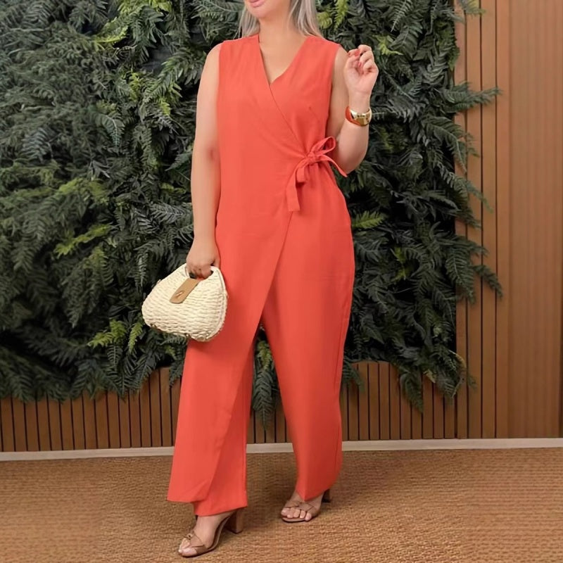 Veyne — Tie-Waist V-Neck Solid Women's Jumpsuit