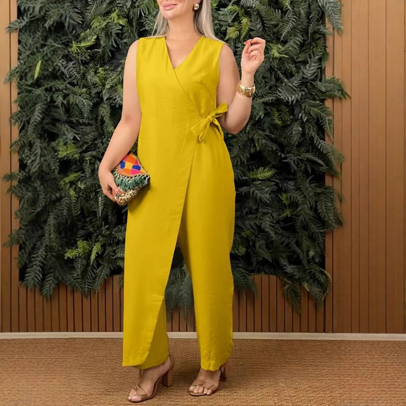 Veyne — Tie-Waist V-Neck Solid Women's Jumpsuit