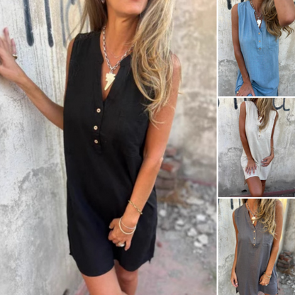 Sleeveless V-Neck Dress with Buttons and Pockets for Women - Flattering