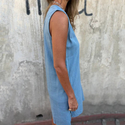 Sleeveless V-Neck Dress with Buttons and Pockets for Women - Flattering