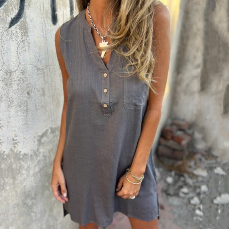 Sleeveless V-Neck Dress with Buttons and Pockets for Women - Flattering
