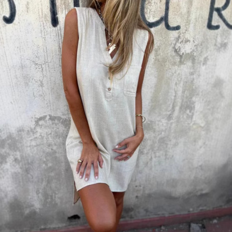 Sleeveless V-Neck Dress with Buttons and Pockets for Women - Flattering