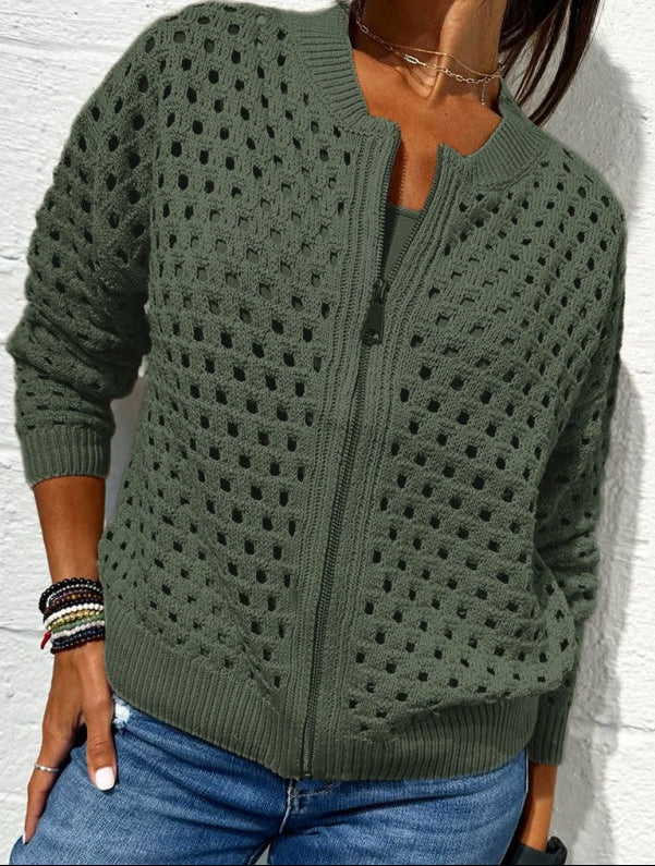 Solmaire —  Hollow-Knit Zip-Up Cardigan