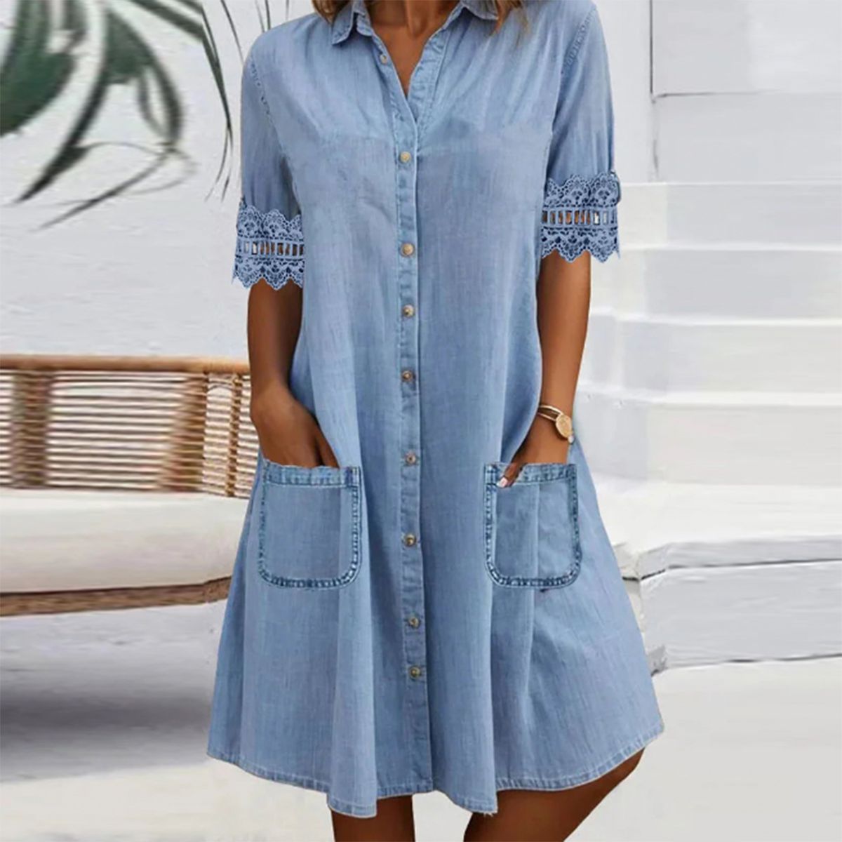 Denimé — Lace-Sleeve Denim Mini Dress