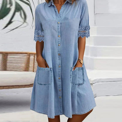 Denimé — Lace-Sleeve Denim Mini Dress