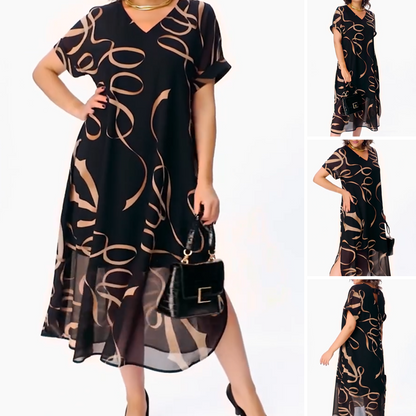 Amarelle — Flowy V-Neck Bow-Print Midi Dress