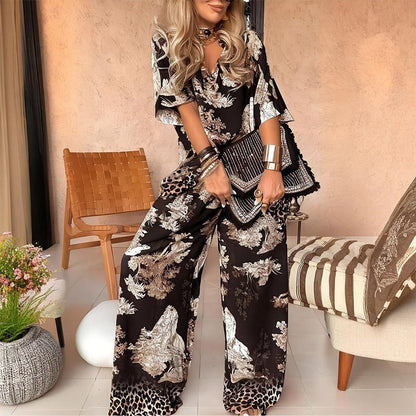 Mira – V-Neck Print Top & Wide-Leg Pants Set