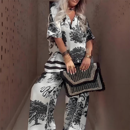 Mira – V-Neck Print Top & Wide-Leg Pants Set