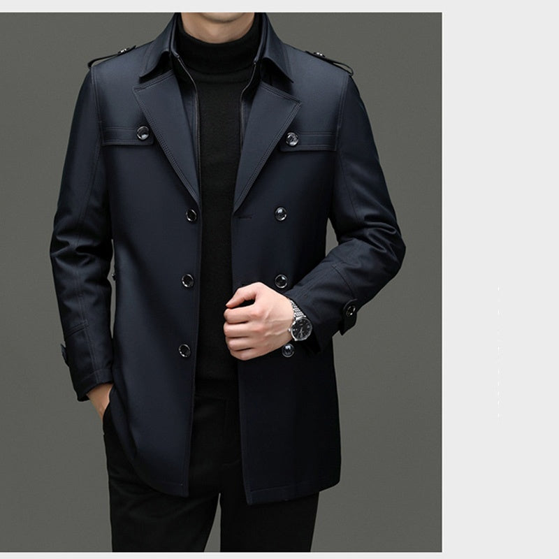 Men's Long Trench Coat - Removable Lining, Windproof and Water-Repellent