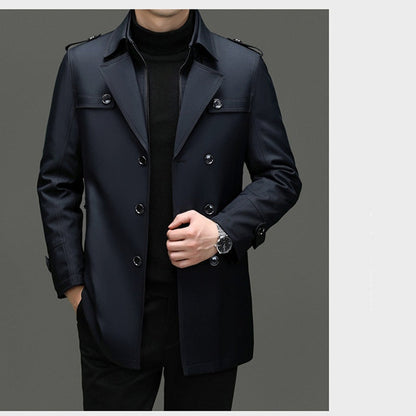 Men's Long Trench Coat - Removable Lining, Windproof and Water-Repellent