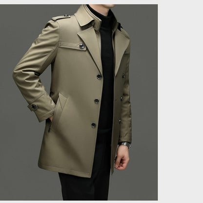 Men's Long Trench Coat - Removable Lining, Windproof and Water-Repellent
