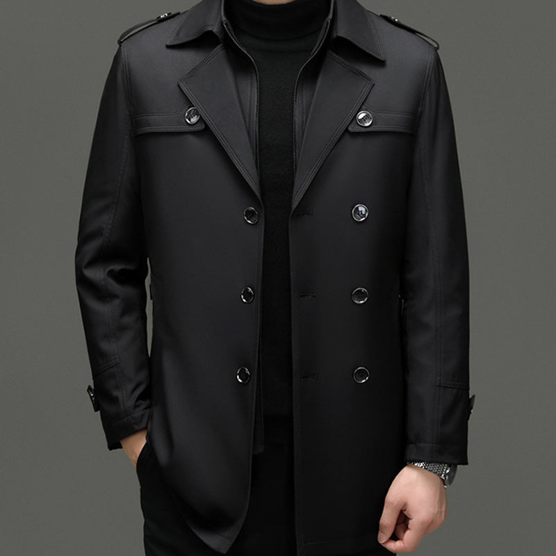 Men's Long Trench Coat - Removable Lining, Windproof and Water-Repellent