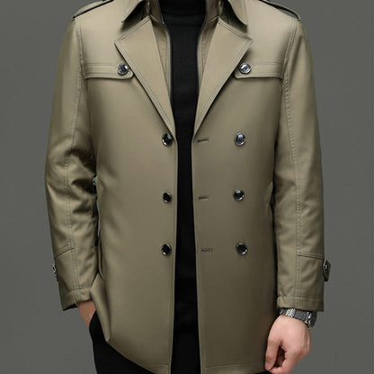 Men's Long Trench Coat - Removable Lining, Windproof and Water-Repellent