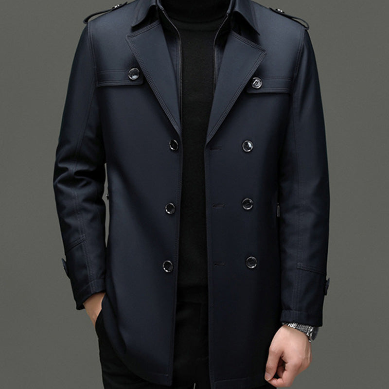 Men's Long Trench Coat - Removable Lining, Windproof and Water-Repellent