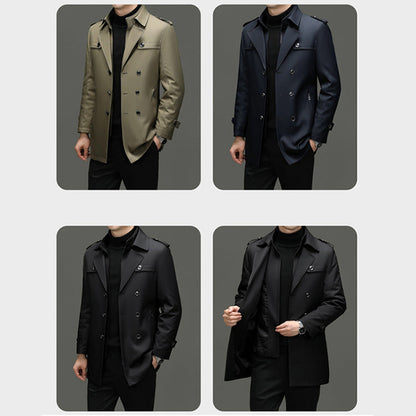 Men's Long Trench Coat - Removable Lining, Windproof and Water-Repellent