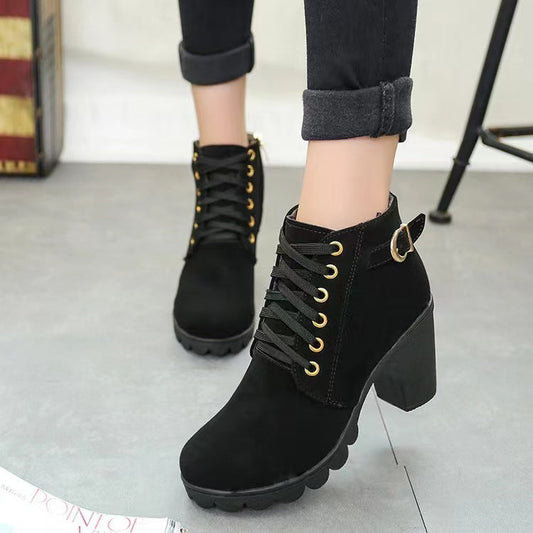 Lace-Up Block Heel Ankle Boot — Faux Suede