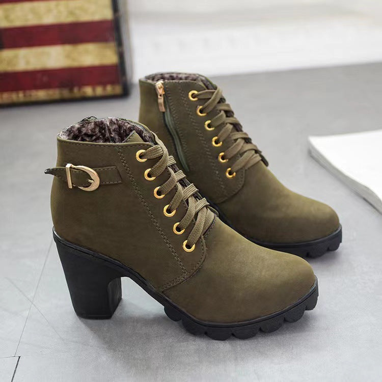 Lace-Up Block Heel Ankle Boot — Faux Suede