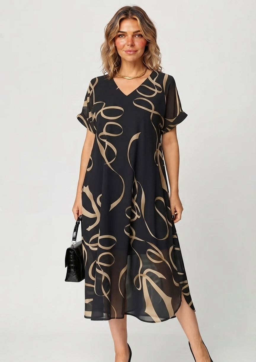 Amarelle — Flowy V-Neck Bow-Print Midi Dress