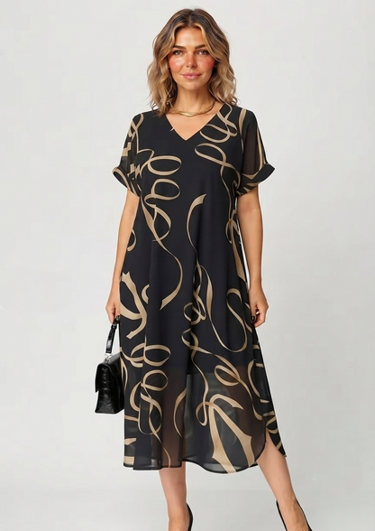 Amarelle — Flowy V-Neck Bow-Print Midi Dress