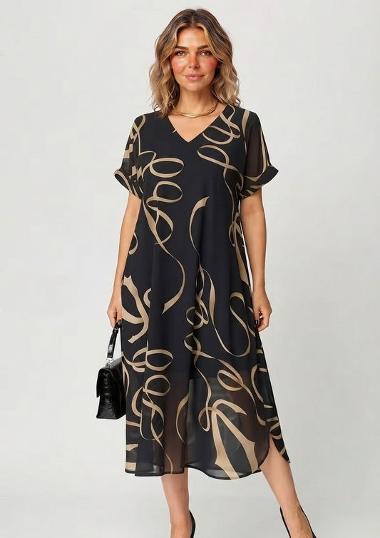 Amarelle — Flowy V-Neck Bow-Print Midi Dress