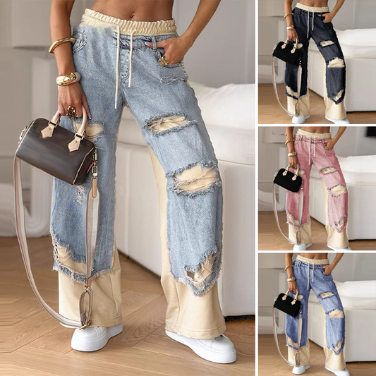 Patchwork Denim Elastic Drawstring Trousers - Comfortable Wide Leg Trousers