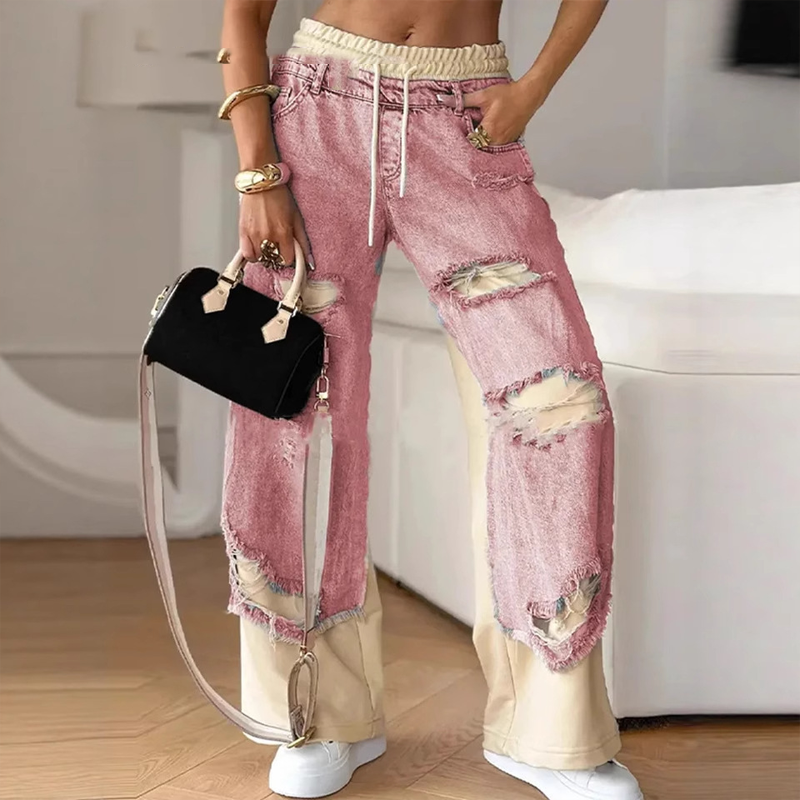 Patchwork Denim Elastic Drawstring Trousers - Comfortable Wide Leg Trousers