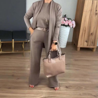Ellorie — 3-Piece Long Cardigan, Top & Wide-Leg Trouser Set