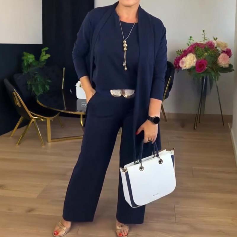 Ellorie — 3-Piece Long Cardigan, Top & Wide-Leg Trouser Set