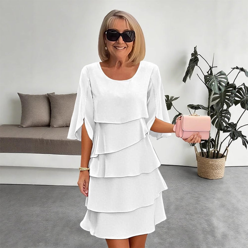Cascelle  —  Layered Cascade Ruffle Round-Neck Midi Dress