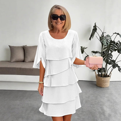 Cascelle  —  Layered Cascade Ruffle Round-Neck Midi Dress