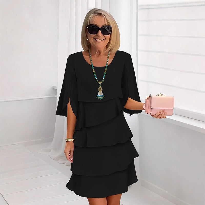 Cascelle  —  Layered Cascade Ruffle Round-Neck Midi Dress