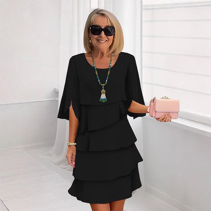 Cascelle  —  Layered Cascade Ruffle Round-Neck Midi Dress